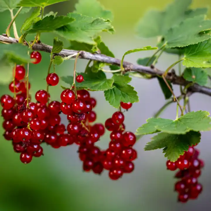 A close-up of bright red currants hanging from a branch with green leaves.